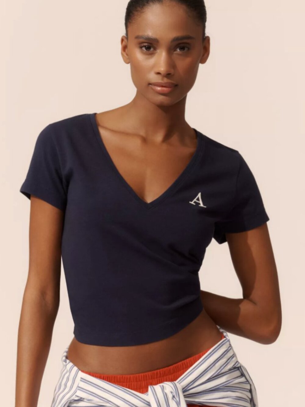 Monogram 'A' V-Neck Navy Short-Sleeve Tee